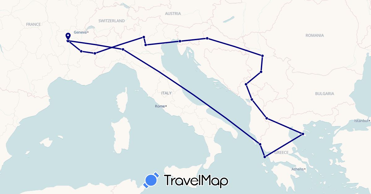 TravelMap itinerary: driving in Albania, France, Greece, Croatia, Italy, Montenegro, Macedonia, Serbia (Europe)